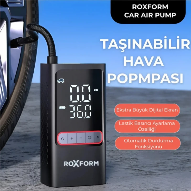Roxform Car Air Pump – 80W Güçlü Taşınabilir Araç Lastik Şişirme Pompası | 4.000 mAh Batarya, 150 PSI - Roxform (1)