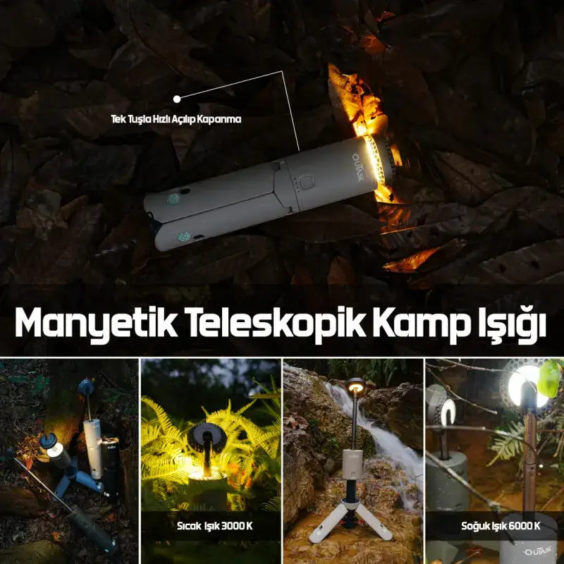 OUTASK Teleskopik Taşınabilir Şarjlı Kamp ve Balıkçı Feneri, Katlanabilir, Manyetik, 12000mAh Bataryalı, Powerbank Özellikli, Su Geçirmez, LED 720° Aydınlatma, Kamp Lambası, El Feneri - 4