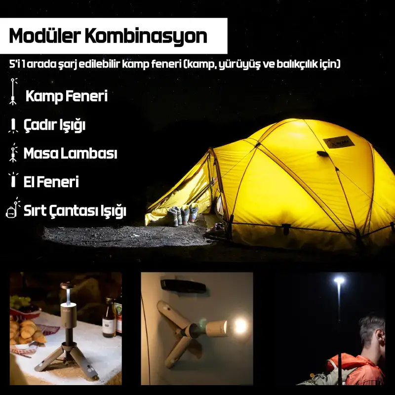 OUTASK Teleskopik Taşınabilir Şarjlı Kamp ve Balıkçı Feneri, Katlanabilir, Manyetik, 12000mAh Bataryalı, Powerbank Özellikli, Su Geçirmez, LED 720° Aydınlatma, Kamp Lambası, El Feneri - 7