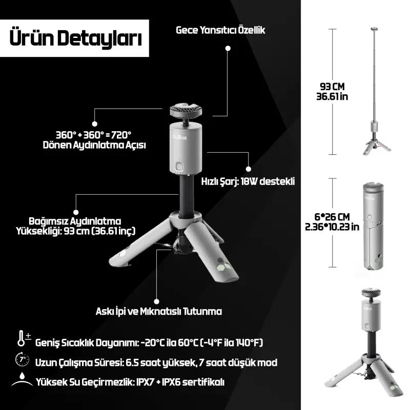OUTASK Teleskopik Taşınabilir Şarjlı Kamp ve Balıkçı Feneri, Katlanabilir, Manyetik, 12000mAh Bataryalı, Powerbank Özellikli, Su Geçirmez, LED 720° Aydınlatma, Kamp Lambası, El Feneri - 8