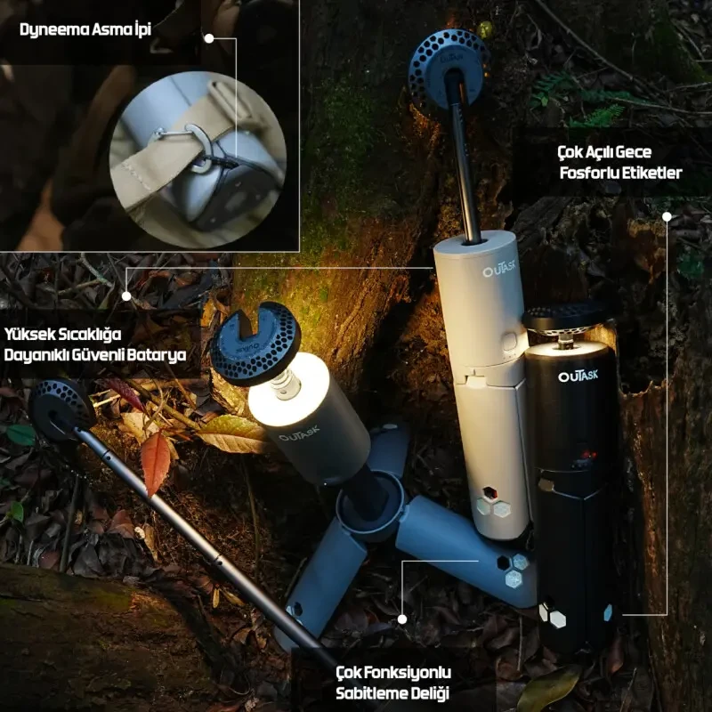 OUTASK Teleskopik Taşınabilir Şarjlı Kamp ve Balıkçı Feneri, Katlanabilir, Manyetik, 12000mAh Bataryalı, Powerbank Özellikli, Su Geçirmez, LED 720° Aydınlatma, Kamp Lambası, El Feneri - 12