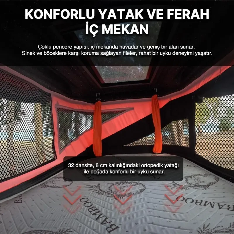 Roxform 2 Kişilik Yeni Nesil Araç Üstü Çadır Cam Tavanlı Tüm Araçlara Uyumlu 4 Mevsim Termal Çadır 210x130cm - 8