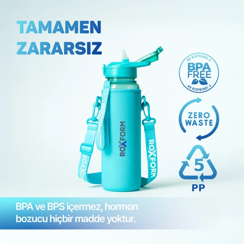 Roxform Suluk Matara 1100 ml, Premium PP Malzeme, Sağlıklı BPA & BPS İçermez, Kılıflı, Çift Kapaklı, Koku Yapmaz, Sızdırmaz ve Dayanıklı, Mavi - 11