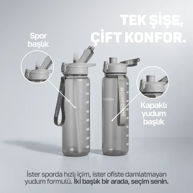 Roxform Suluk Matara 1100 ml, Premium PP Malzeme, Sağlıklı BPA & BPS İçermez, Kılıflı, Çift Kapaklı, Koku Yapmaz, Sızdırmaz ve Dayanıklı, Gri - 8
