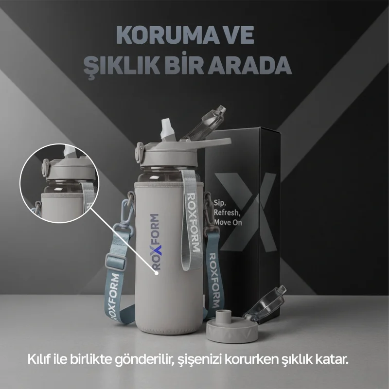 Roxform Suluk Matara 1100 ml, Premium PP Malzeme, Sağlıklı BPA & BPS İçermez, Kılıflı, Çift Kapaklı, Koku Yapmaz, Sızdırmaz ve Dayanıklı, Gri - 13