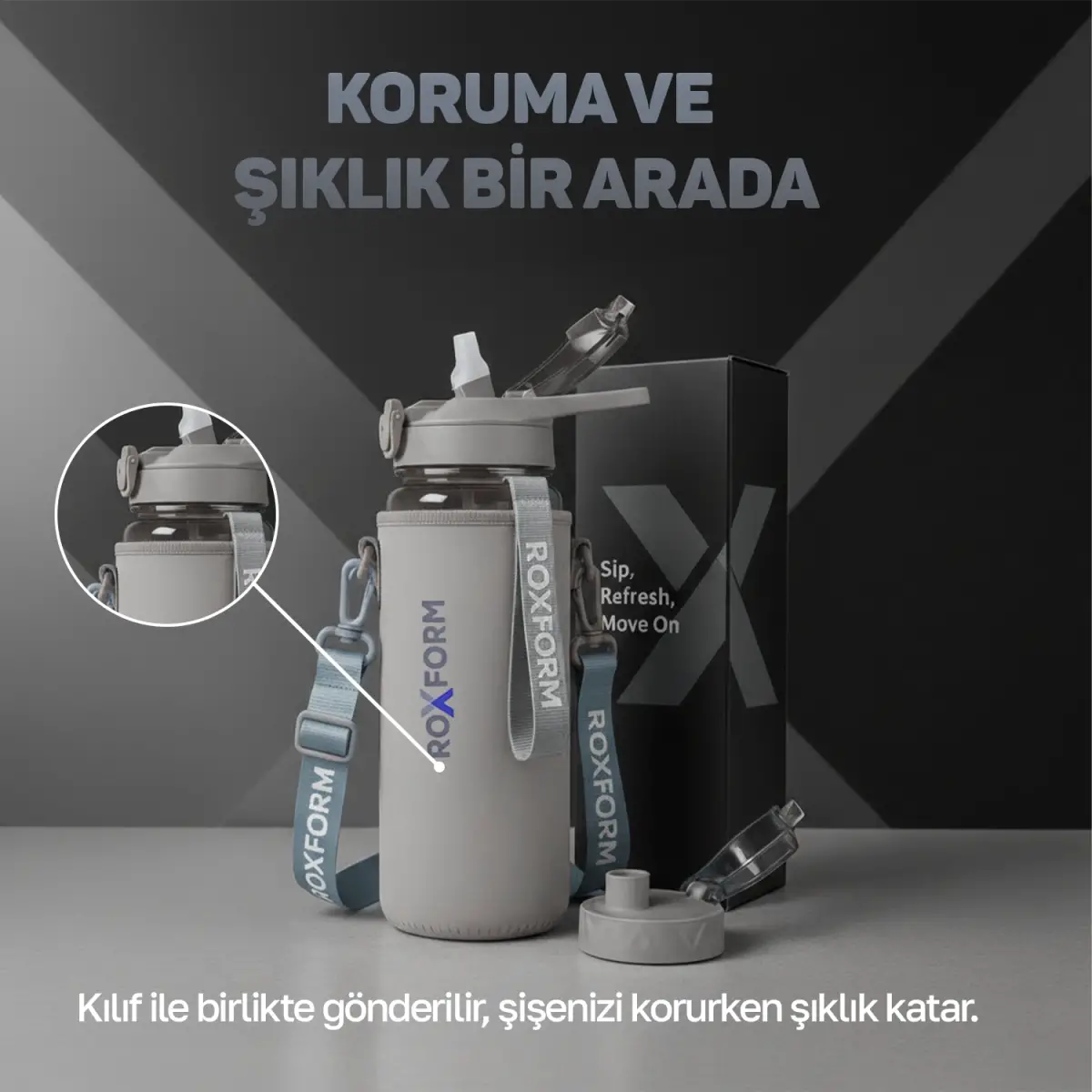 Roxform Suluk Matara 1100 ml, Premium PP Malzeme, Sağlıklı BPA & BPS İçermez, Kılıflı, Çift Kapaklı, Koku Yapmaz, Sızdırmaz ve Dayanıklı, Gri - 13