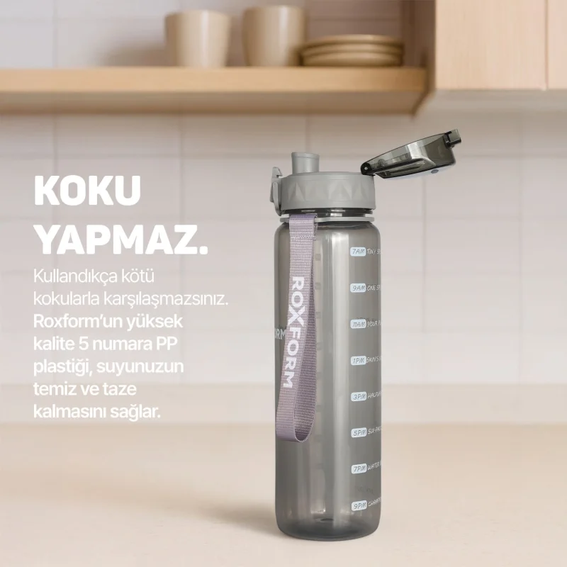 Roxform Suluk Matara 1100 ml, Premium PP Malzeme, Sağlıklı BPA & BPS İçermez, Kılıflı, Çift Kapaklı, Koku Yapmaz, Sızdırmaz ve Dayanıklı, Gri - 9