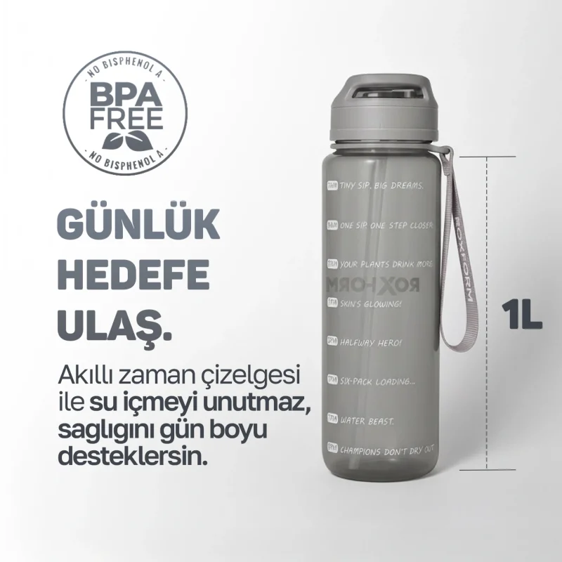 Roxform Suluk Matara 1100 ml, Premium PP Malzeme, Sağlıklı BPA & BPS İçermez, Kılıflı, Çift Kapaklı, Koku Yapmaz, Sızdırmaz ve Dayanıklı, Gri - 10