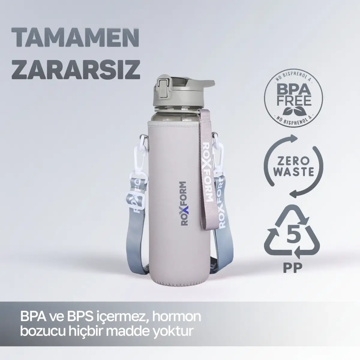 Roxform Suluk Matara 1100 ml, Premium PP Malzeme, Sağlıklı BPA & BPS İçermez, Kılıflı, Çift Kapaklı, Koku Yapmaz, Sızdırmaz ve Dayanıklı, Gri - 11