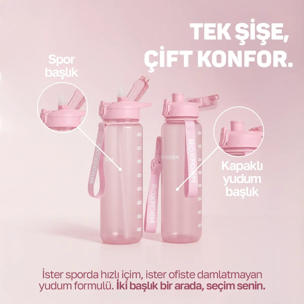 Roxform Suluk Matara 1100 ml, Premium PP Malzeme, Sağlıklı BPA & BPS İçermez, Kılıflı, Çift Kapaklı, Koku Yapmaz, Sızdırmaz ve Dayanıklı, Pembe - 9