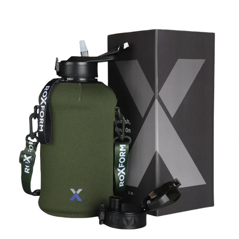 Roxform Suluk Matara 2200 ml, Premium PP Malzeme, Sağlıklı BPA & BPS İçermez, Kılıflı, Çift Kapaklı, Koku Yapmaz, Sızdırmaz ve Dayanıklı, Haki Kılıf, Siyah - Roxform