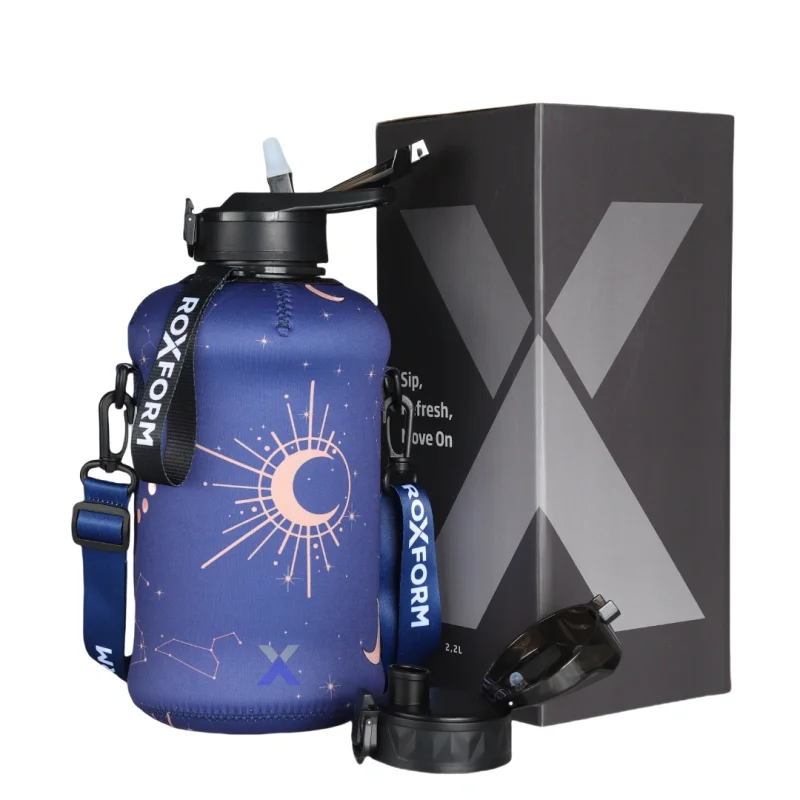 Roxform Suluk Matara 2200 ml, Premium PP Malzeme, Sağlıklı BPA & BPS İçermez, Kılıflı, Çift Kapaklı, Koku Yapmaz, Sızdırmaz ve Dayanıklı, Lacivert Ay Kılıf, Siyah - Roxform
